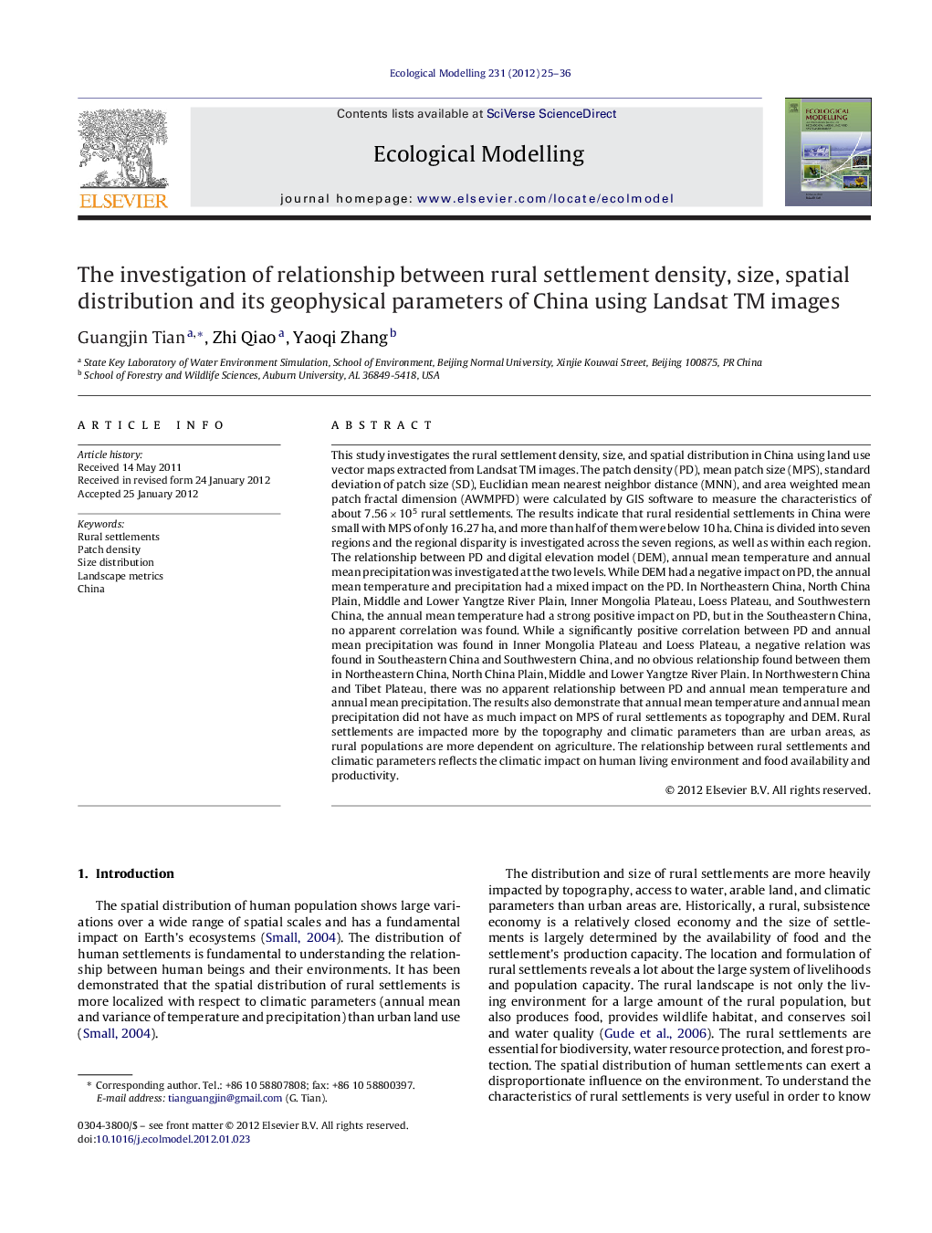 The investigation of relationship between rural settlement density, size, spatial distribution and its geophysical parameters of China using Landsat TM images