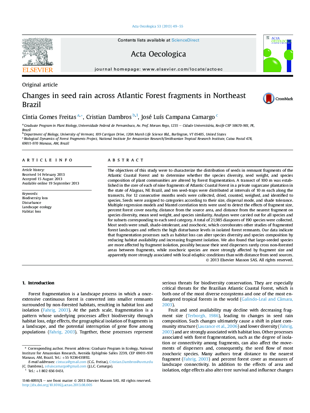 Changes in seed rain across Atlantic Forest fragments in Northeast Brazil