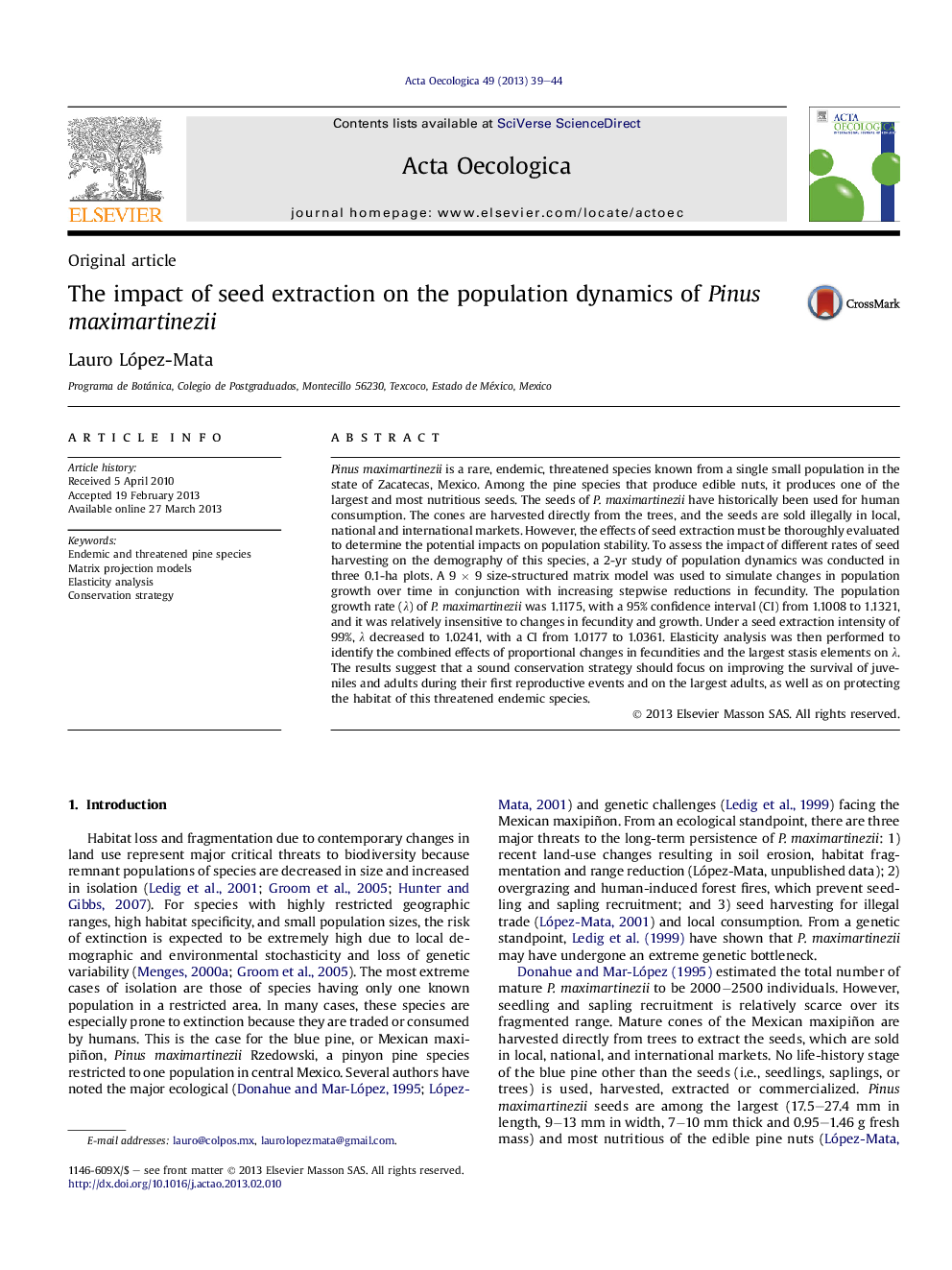 The impact of seed extraction on the population dynamics of Pinus maximartinezii