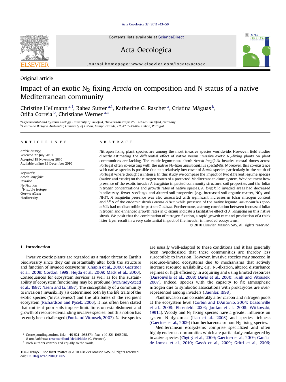 Impact of an exotic N2-fixing Acacia on composition and N status of a native Mediterranean community