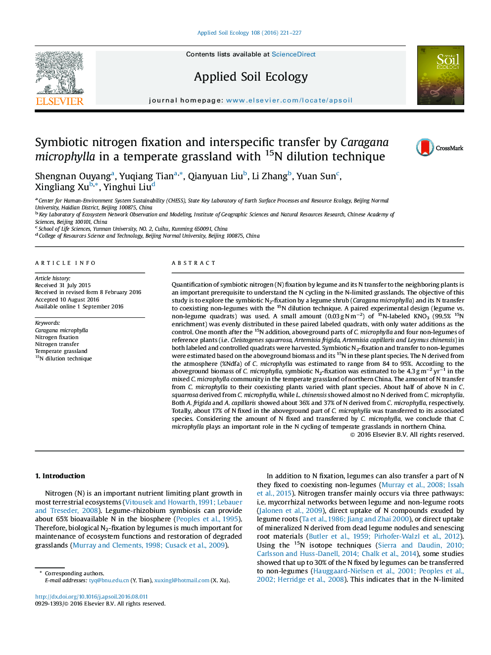 Symbiotic nitrogen fixation and interspecific transfer by Caragana microphylla in a temperate grassland with 15N dilution technique