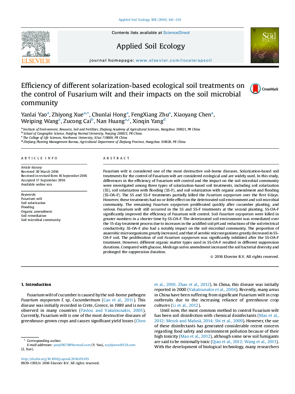 Efficiency of different solarization-based ecological soil treatments on the control of Fusarium wilt and their impacts on the soil microbial community