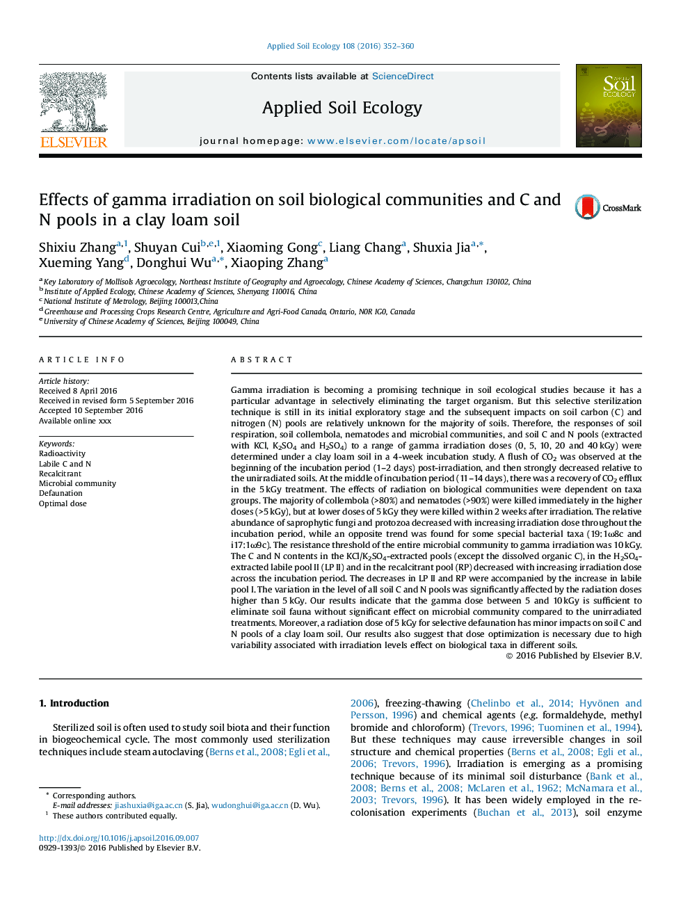 Effects of gamma irradiation on soil biological communities and C and N pools in a clay loam soil