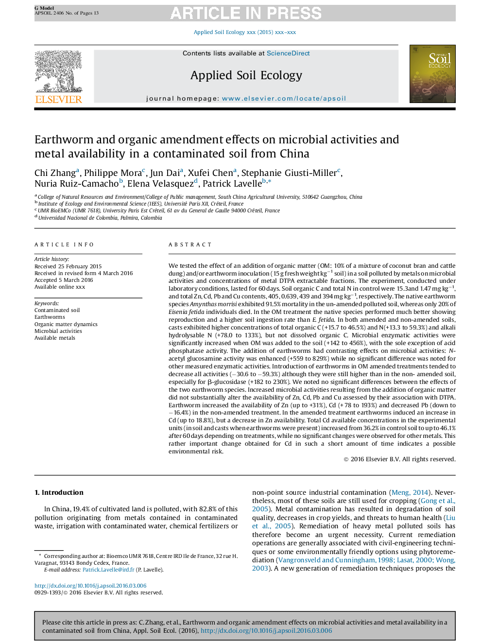 Earthworm and organic amendment effects on microbial activities and metal availability in a contaminated soil from China