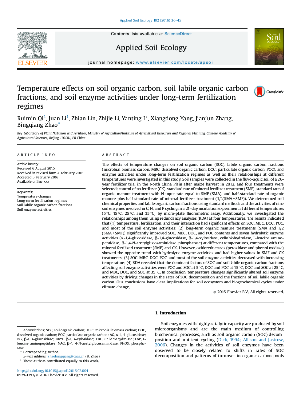 Temperature effects on soil organic carbon, soil labile organic carbon fractions, and soil enzyme activities under long-term fertilization regimes