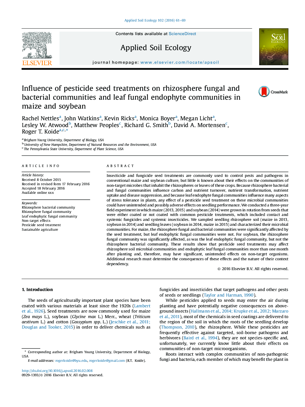Influence of pesticide seed treatments on rhizosphere fungal and bacterial communities and leaf fungal endophyte communities in maize and soybean
