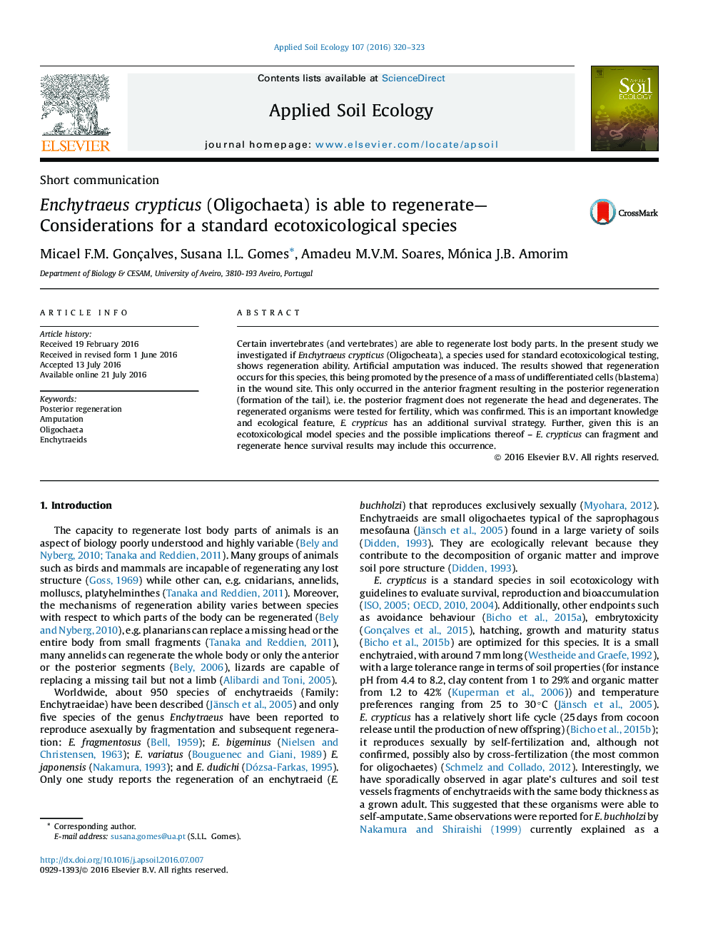 Short communicationEnchytraeus crypticus (Oligochaeta) is able to regenerate-Considerations for a standard ecotoxicological species