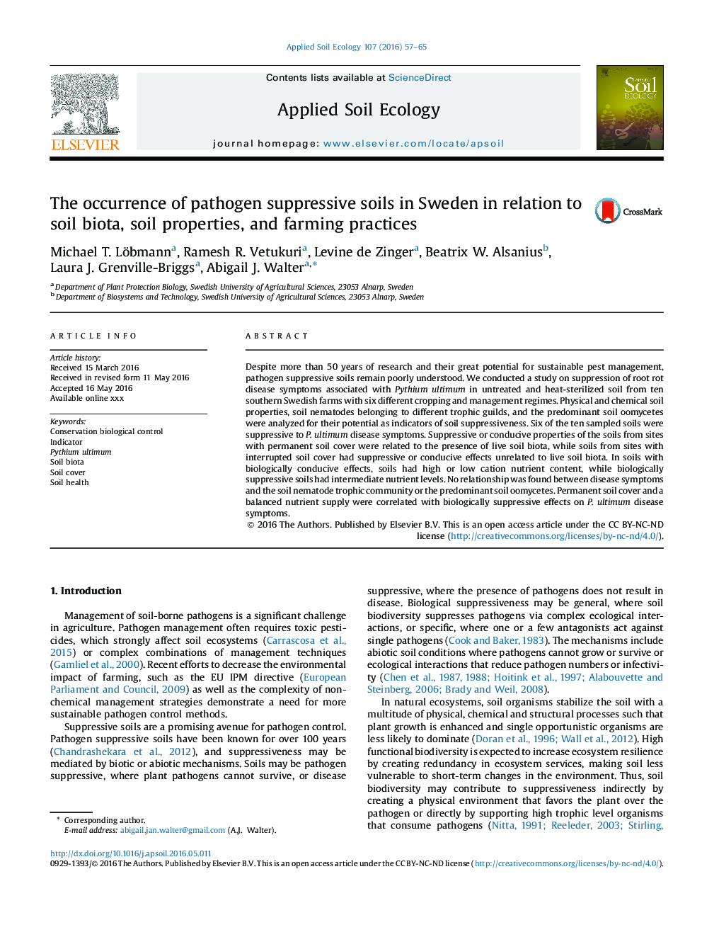 The occurrence of pathogen suppressive soils in Sweden in relation to soil biota, soil properties, and farming practices