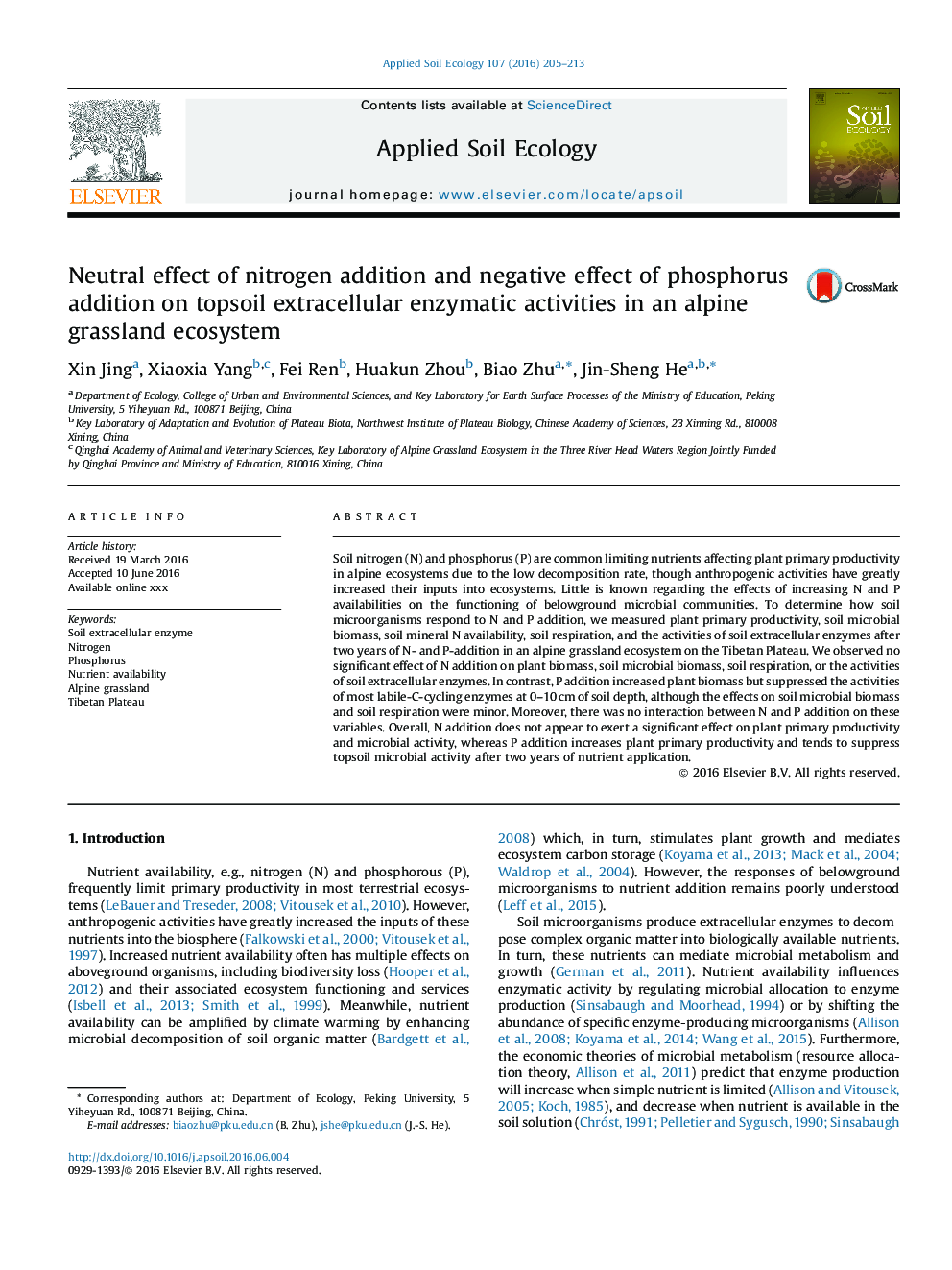 Neutral effect of nitrogen addition and negative effect of phosphorus addition on topsoil extracellular enzymatic activities in an alpine grassland ecosystem