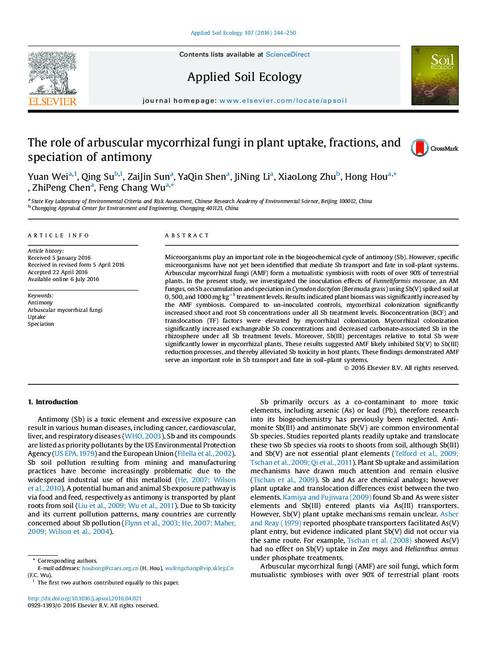 The role of arbuscular mycorrhizal fungi in plant uptake, fractions, and speciation of antimony