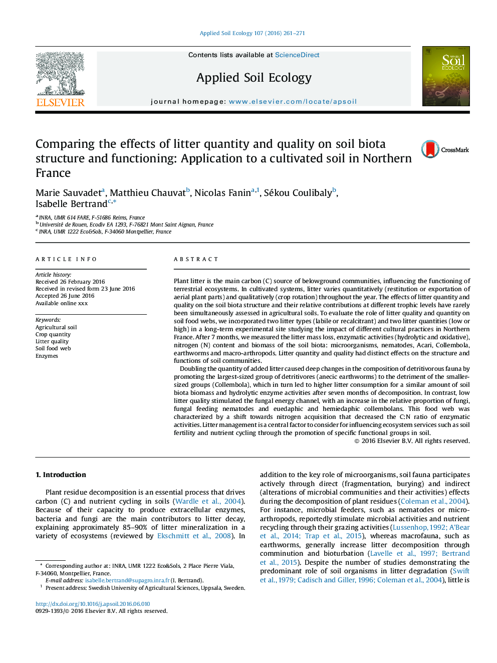 Comparing the effects of litter quantity and quality on soil biota structure and functioning: Application to a cultivated soil in Northern France