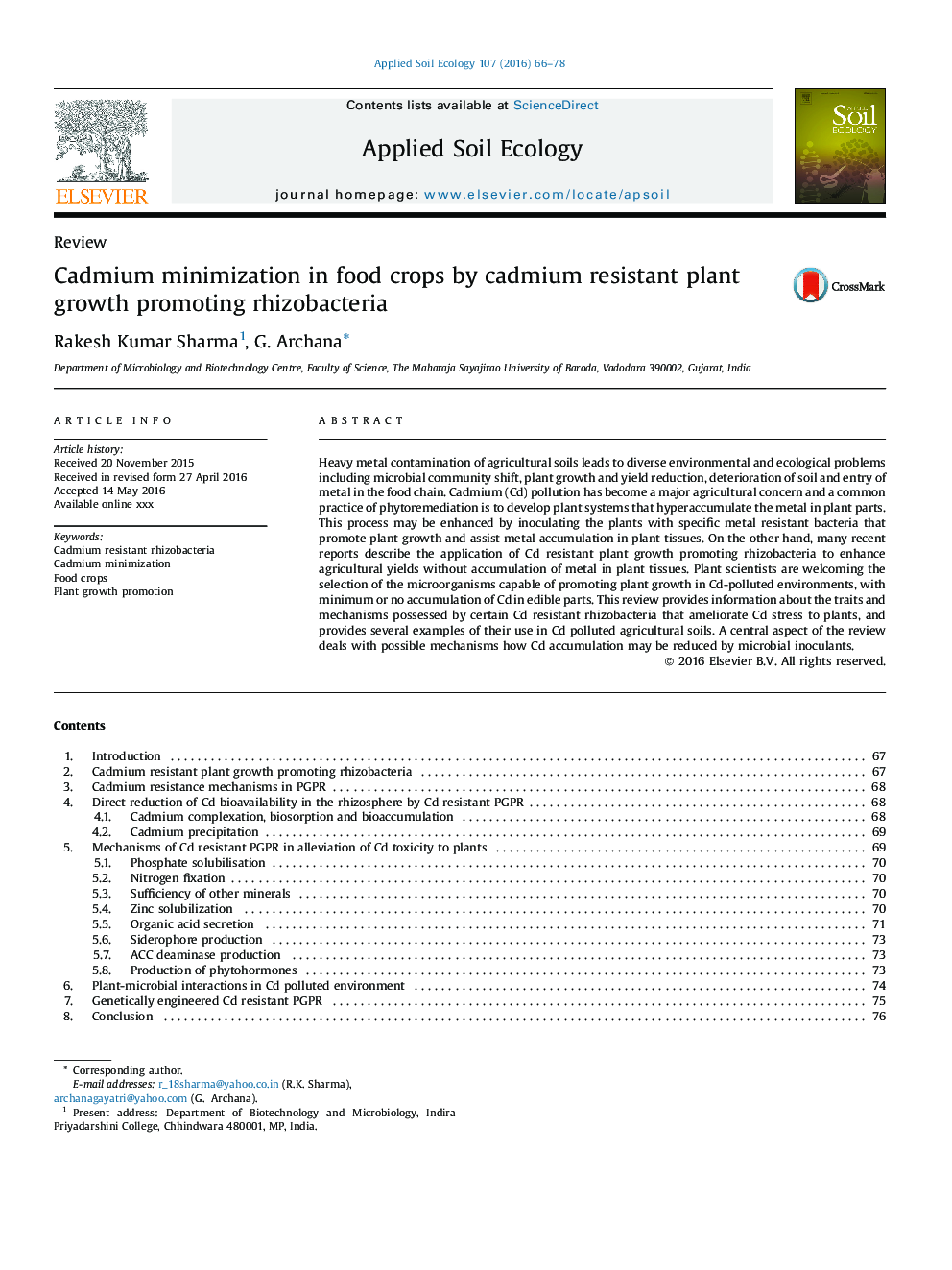 Cadmium minimization in food crops by cadmium resistant plant growth promoting rhizobacteria