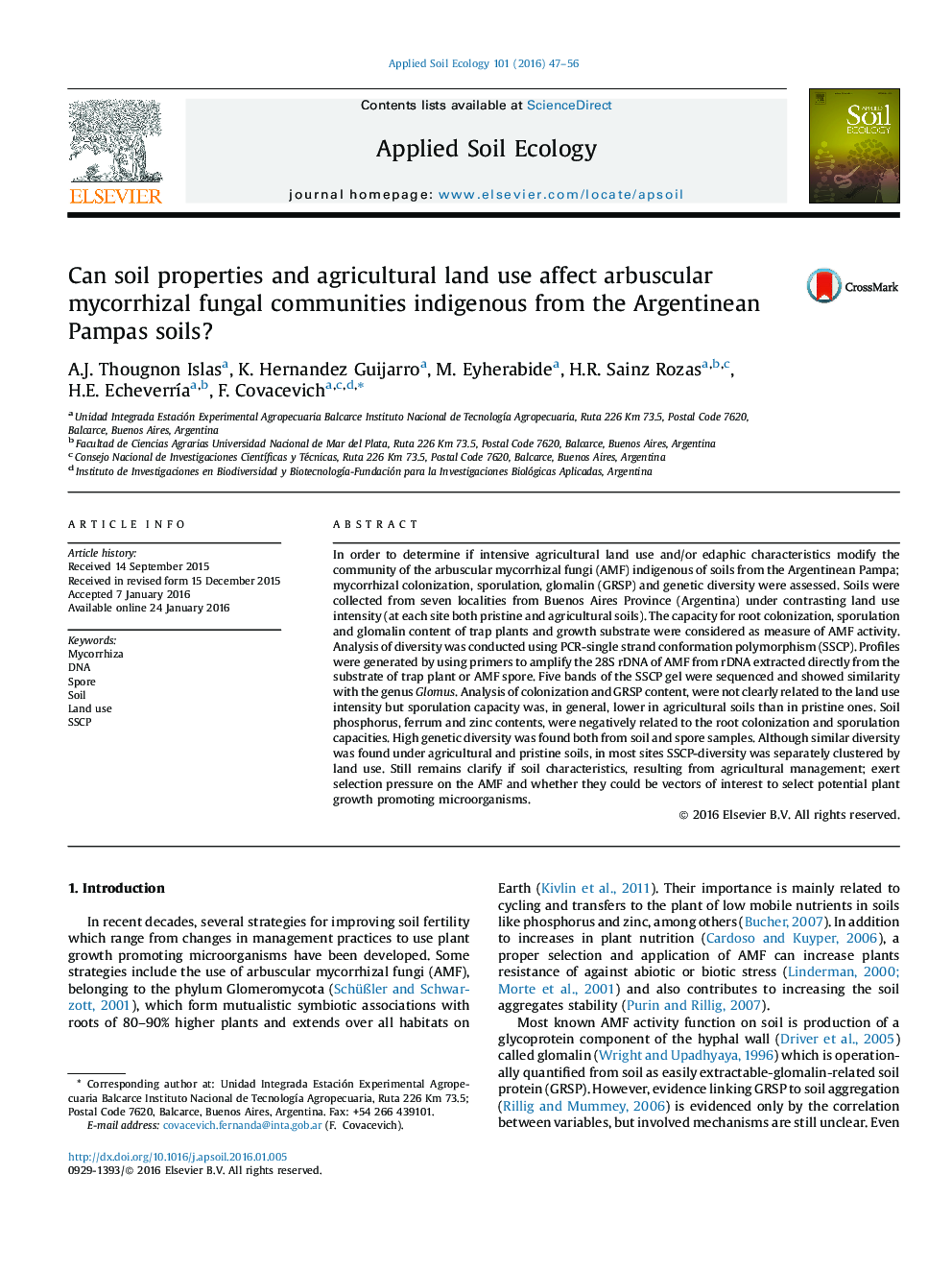 Can soil properties and agricultural land use affect arbuscular mycorrhizal fungal communities indigenous from the Argentinean Pampas soils?