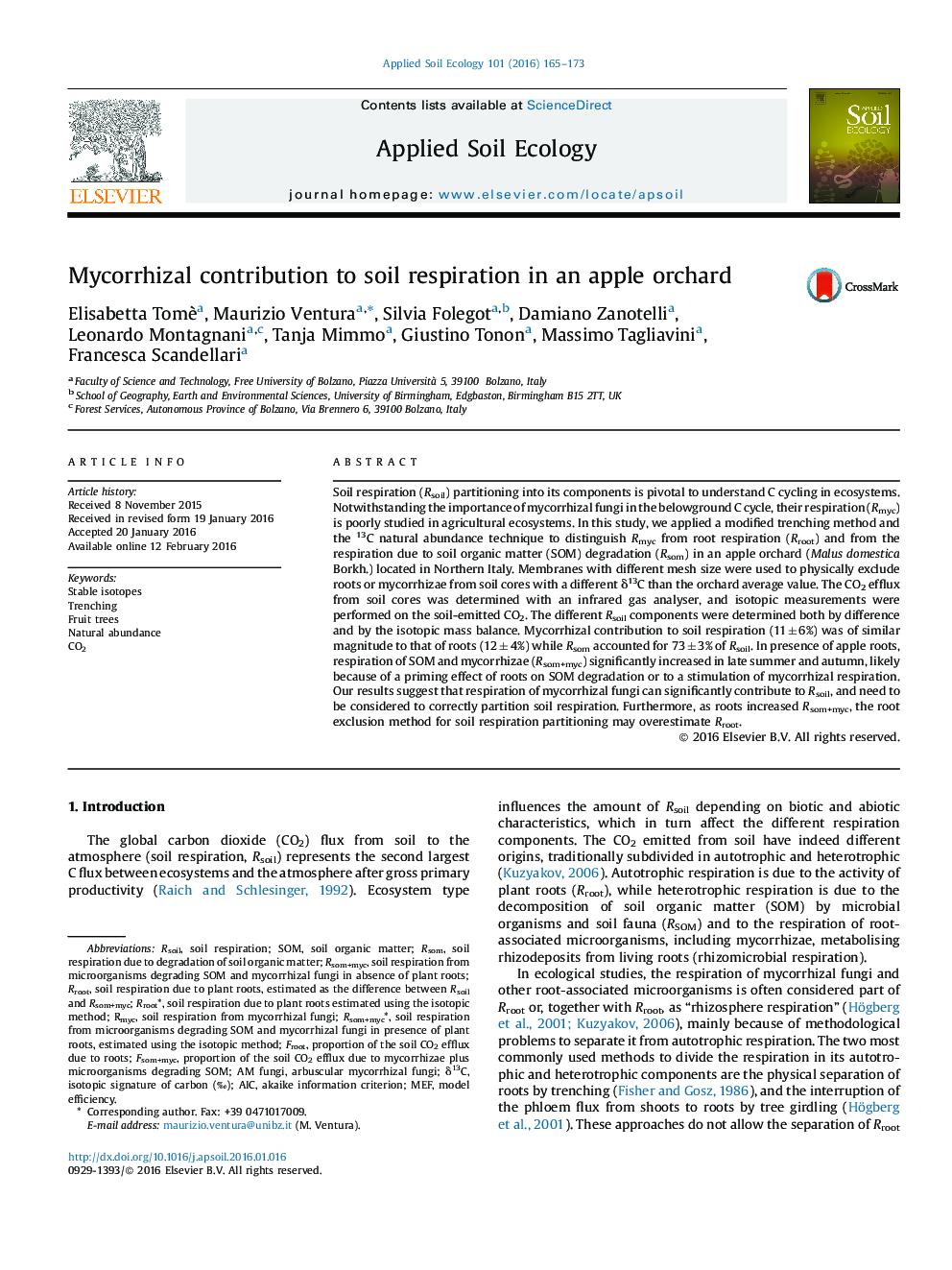 Mycorrhizal contribution to soil respiration in an apple orchard