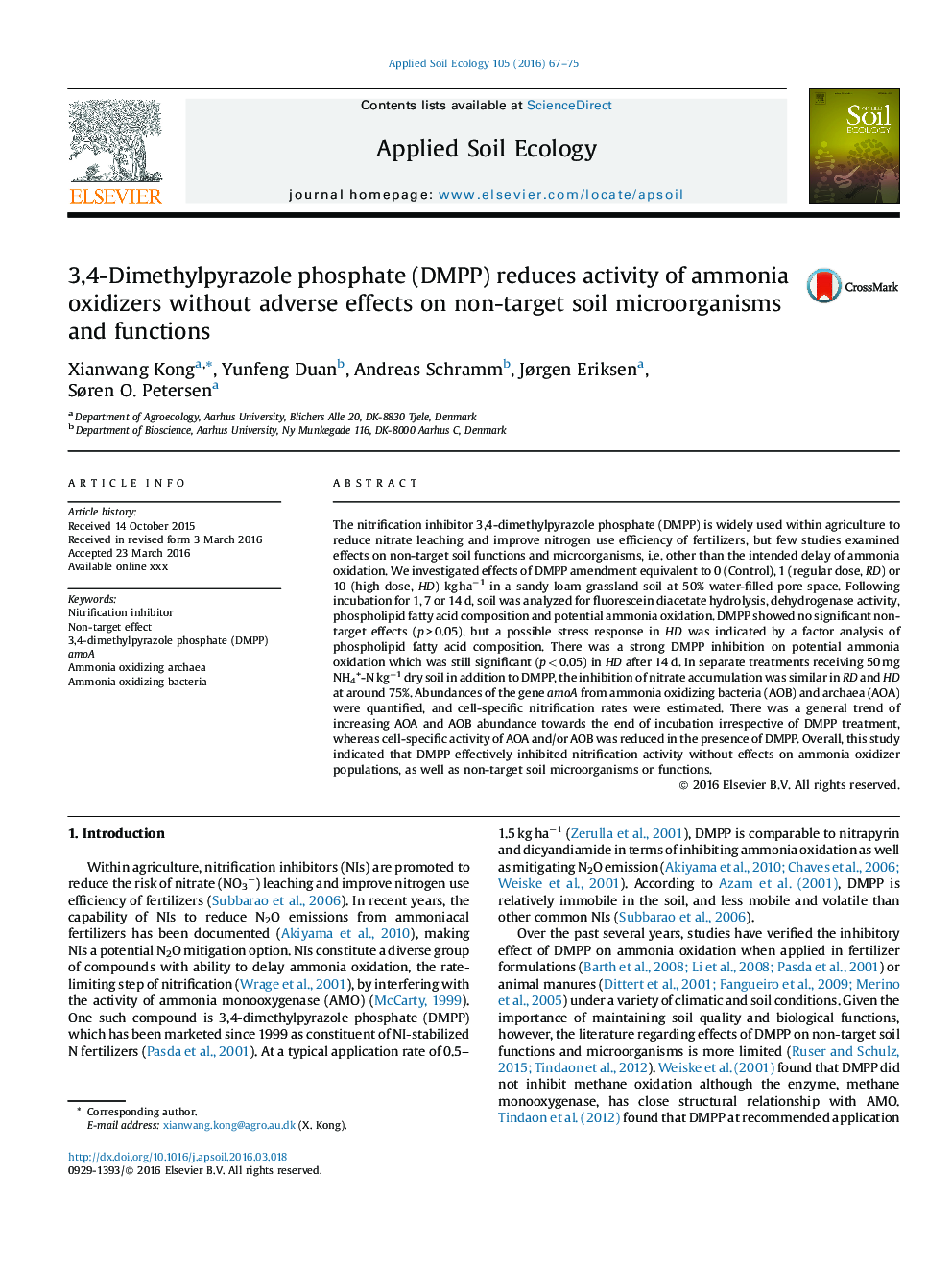 3,4-Dimethylpyrazole phosphate (DMPP) reduces activity of ammonia oxidizers without adverse effects on non-target soil microorganisms and functions