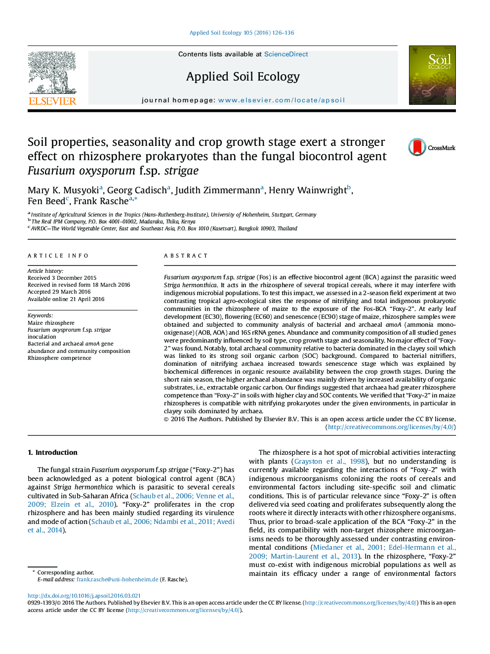 Soil properties, seasonality and crop growth stage exert a stronger effect on rhizosphere prokaryotes than the fungal biocontrol agent Fusarium oxysporum f.sp. strigae