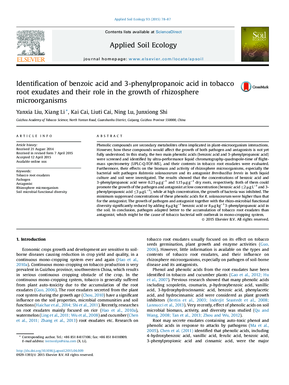 شناسایی اسید بنزوئیک و اسید 3-فنیل پروپانوئیک در ریشه های توتون و نقش آن در رشد میکروارگانیسم های ریزوسفر 