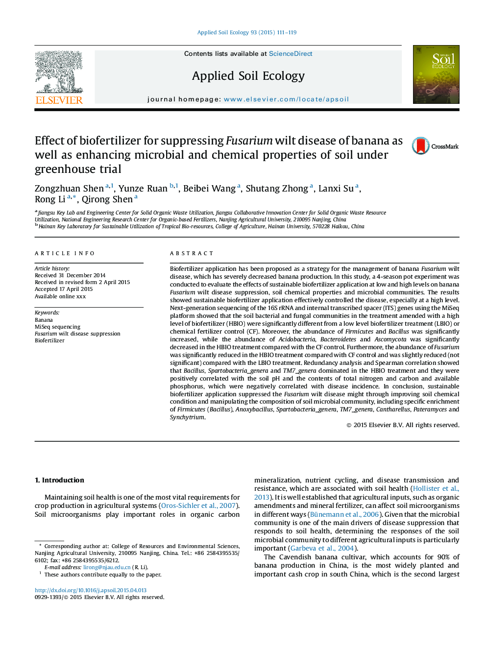 Effect of biofertilizer for suppressing Fusarium wilt disease of banana as well as enhancing microbial and chemical properties of soil under greenhouse trial