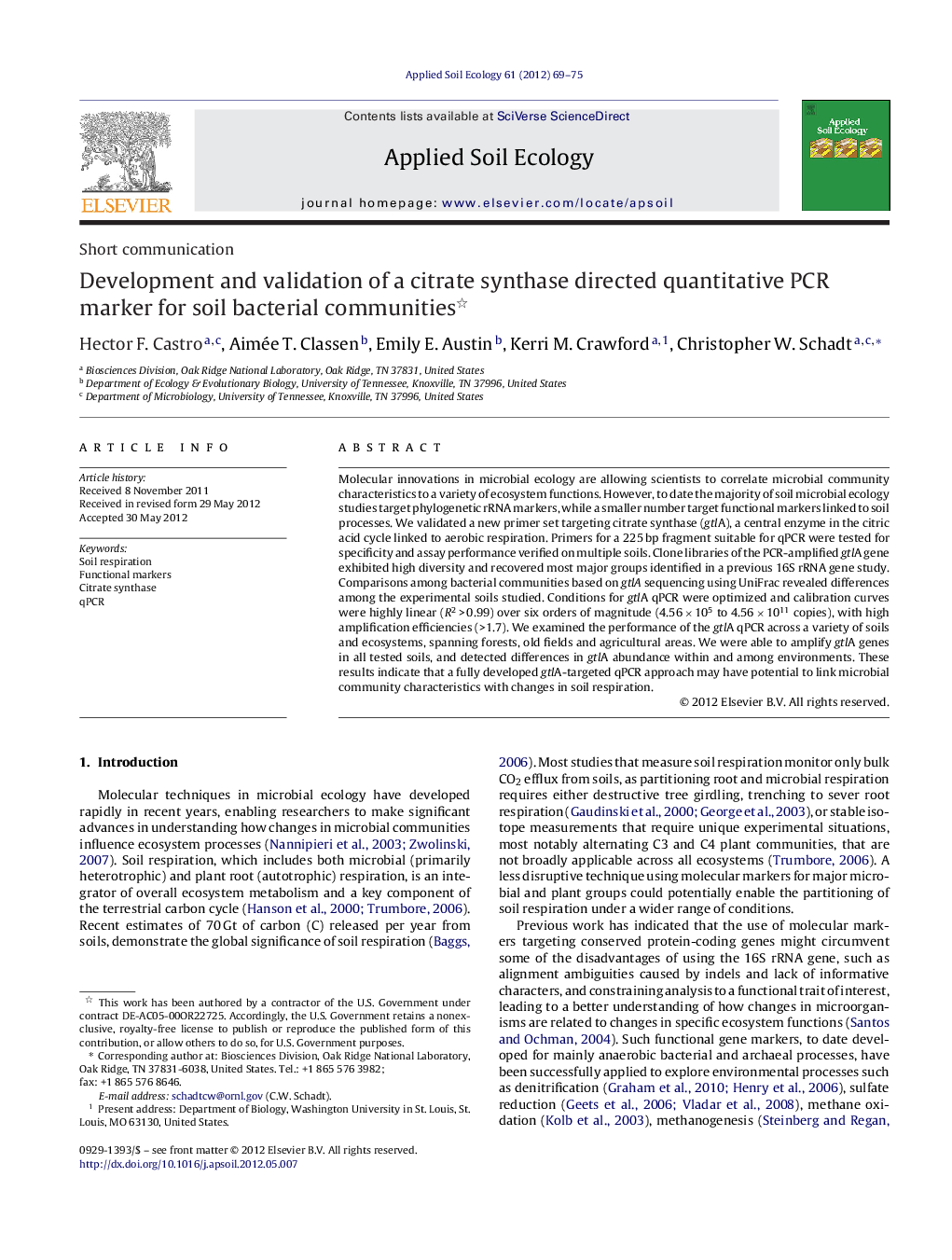 Short communicationDevelopment and validation of a citrate synthase directed quantitative PCR marker for soil bacterial communities