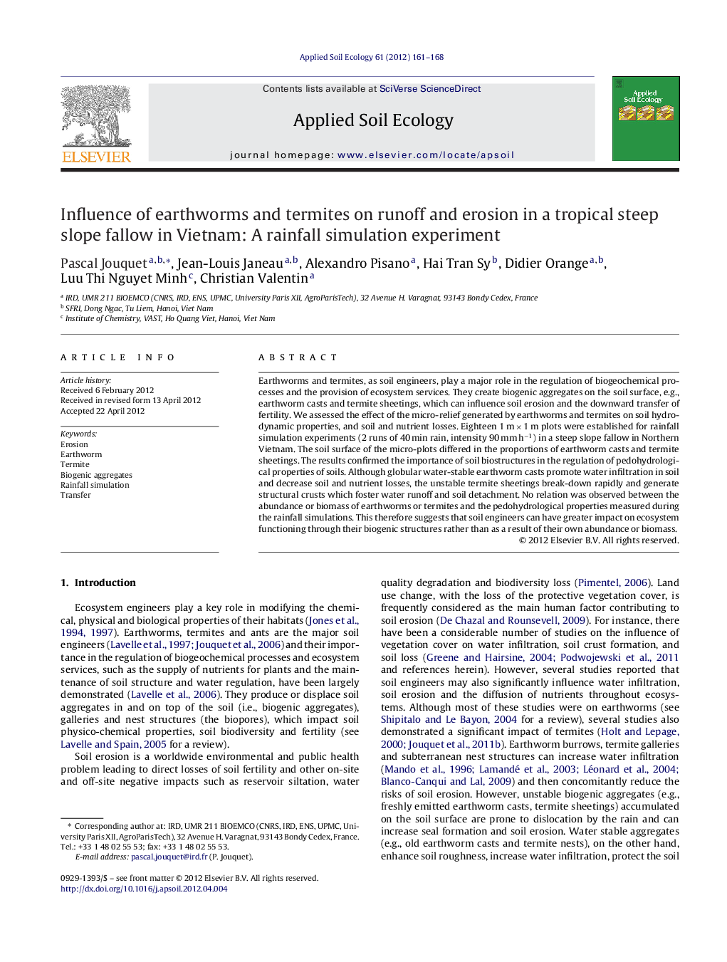 Influence of earthworms and termites on runoff and erosion in a tropical steep slope fallow in Vietnam: A rainfall simulation experiment