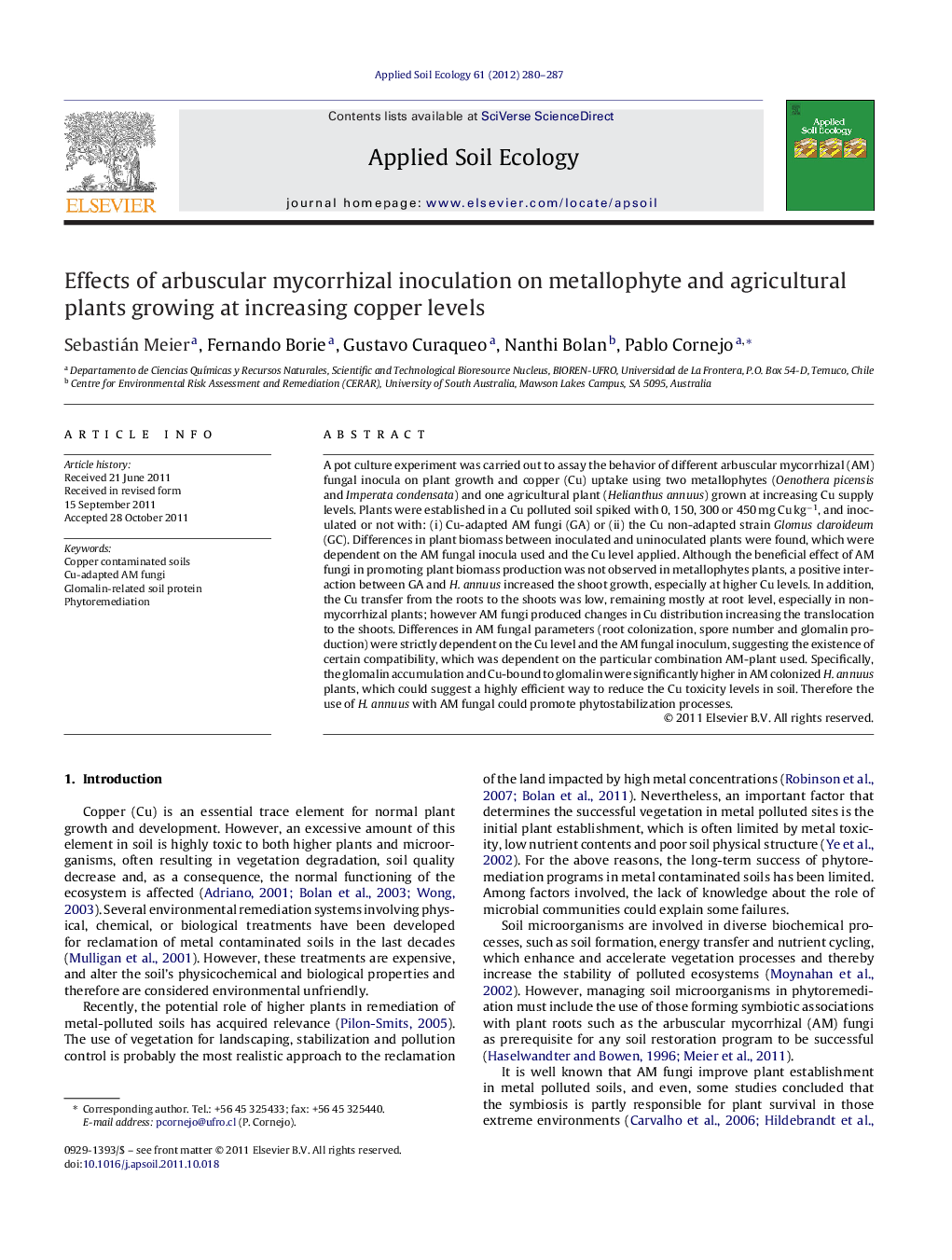 Effects of arbuscular mycorrhizal inoculation on metallophyte and agricultural plants growing at increasing copper levels