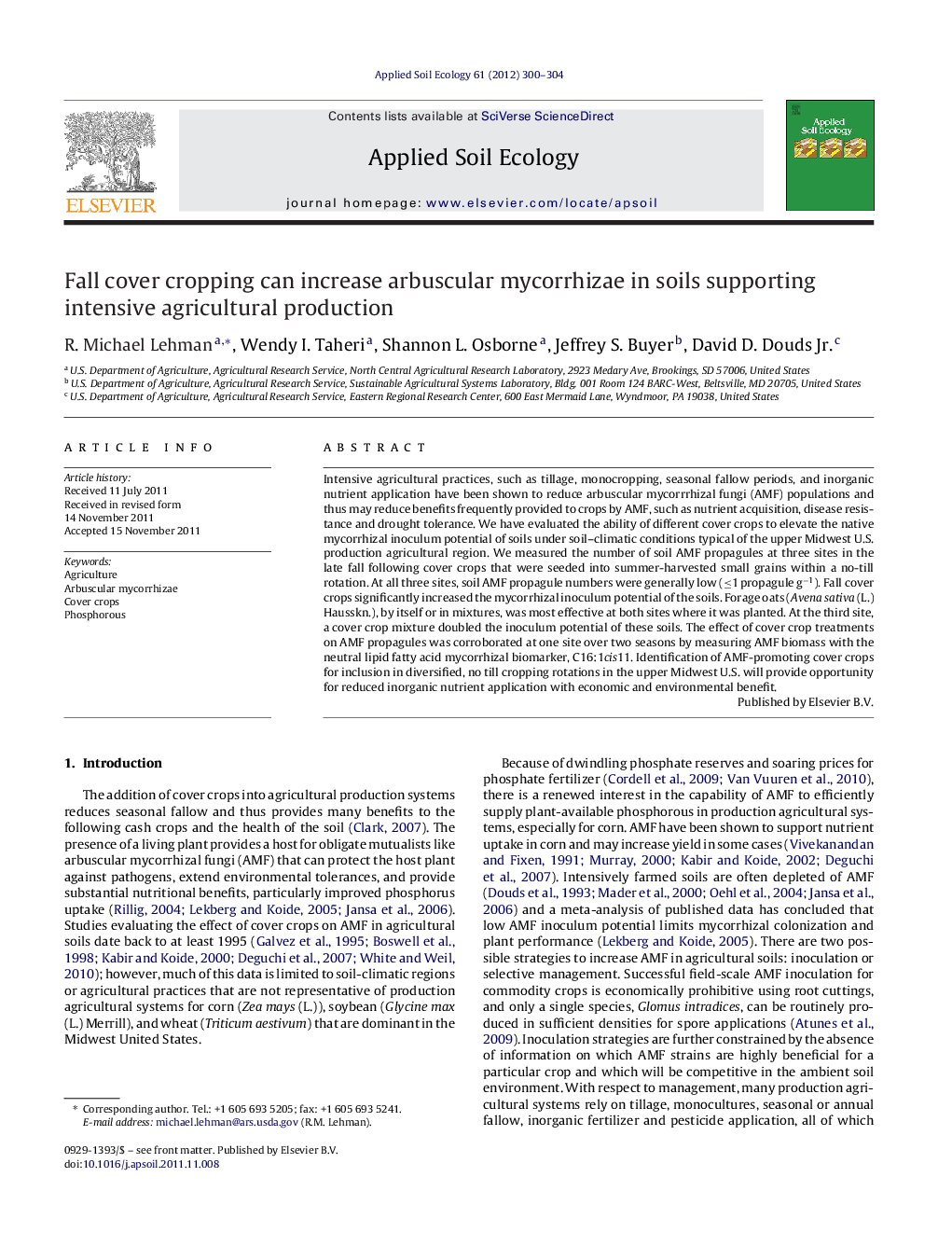 Fall cover cropping can increase arbuscular mycorrhizae in soils supporting intensive agricultural production