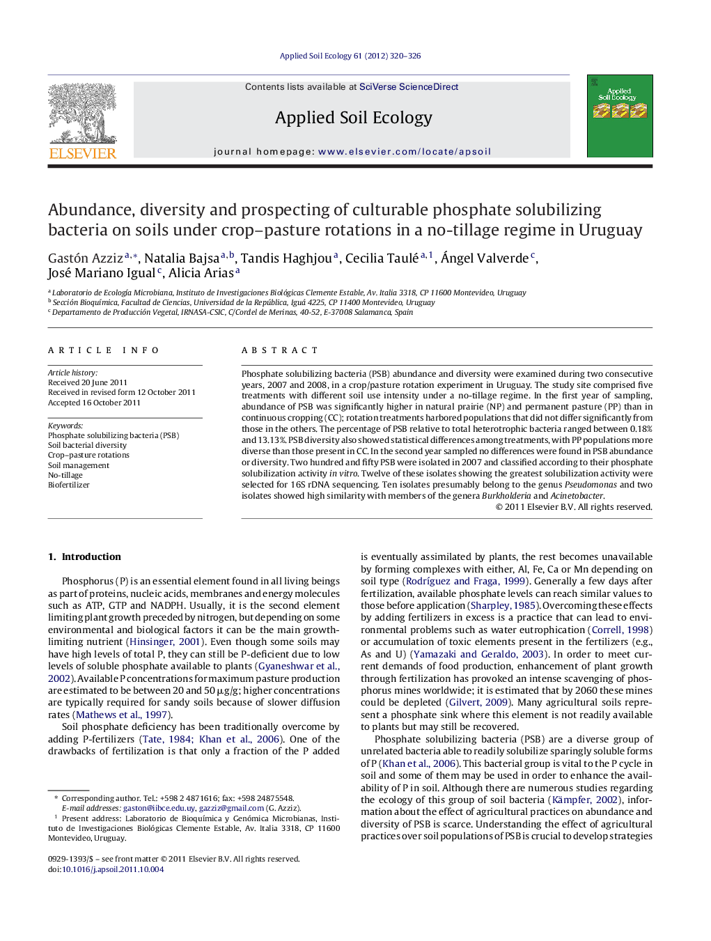 Abundance, diversity and prospecting of culturable phosphate solubilizing bacteria on soils under crop-pasture rotations in a no-tillage regime in Uruguay