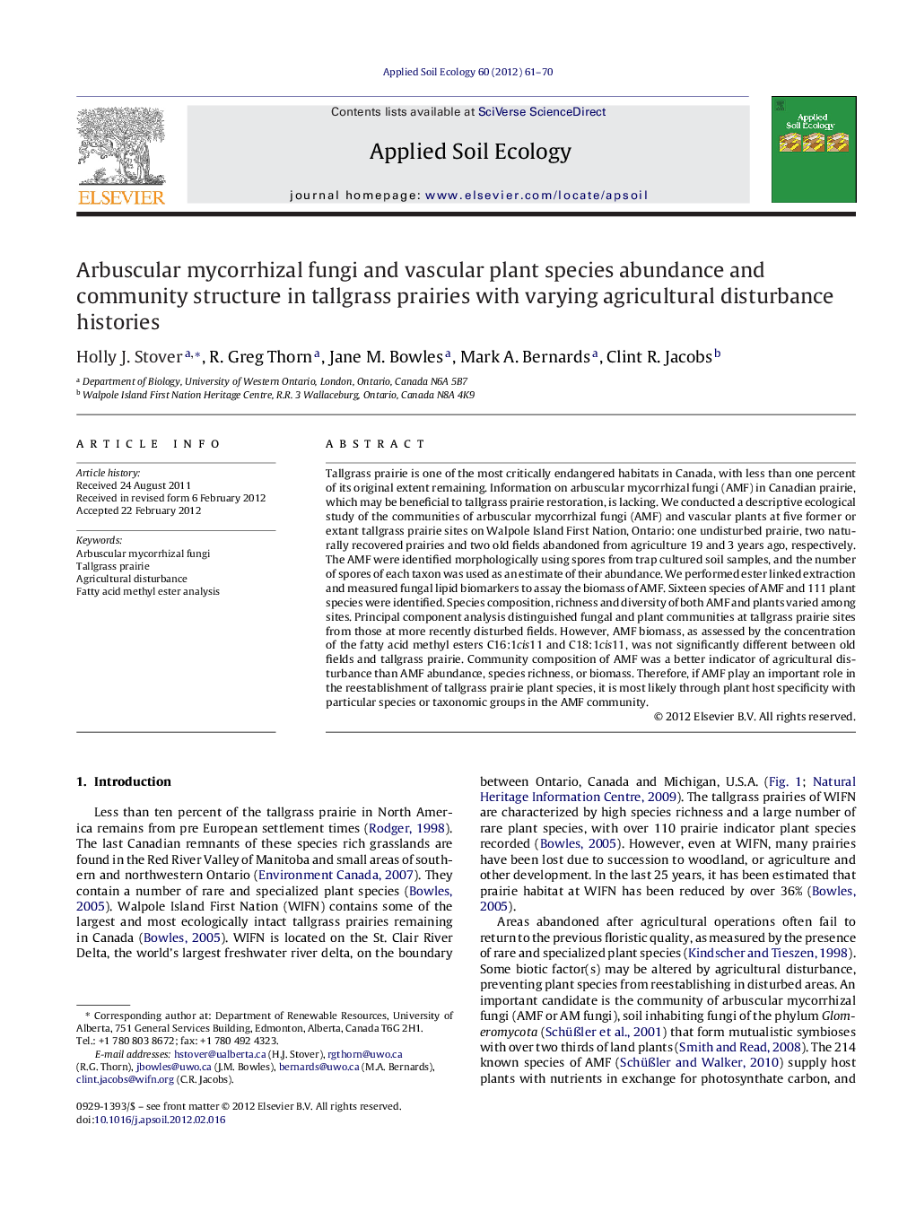 Arbuscular mycorrhizal fungi and vascular plant species abundance and community structure in tallgrass prairies with varying agricultural disturbance histories