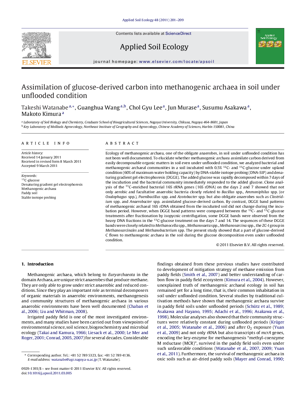 Assimilation of glucose-derived carbon into methanogenic archaea in soil under unflooded condition