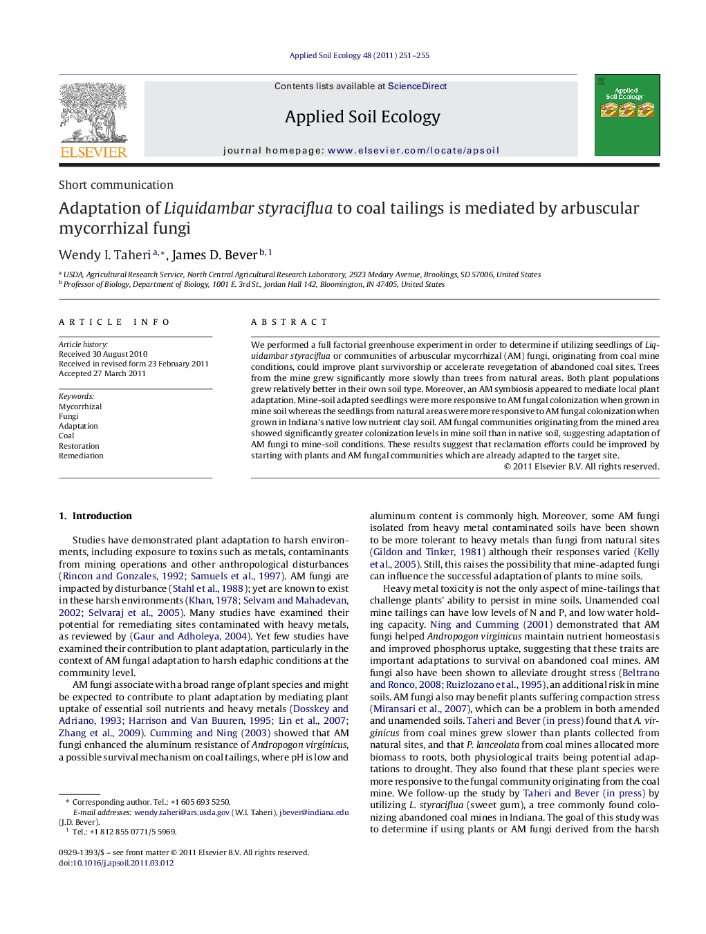 Adaptation of Liquidambar styraciflua to coal tailings is mediated by arbuscular mycorrhizal fungi