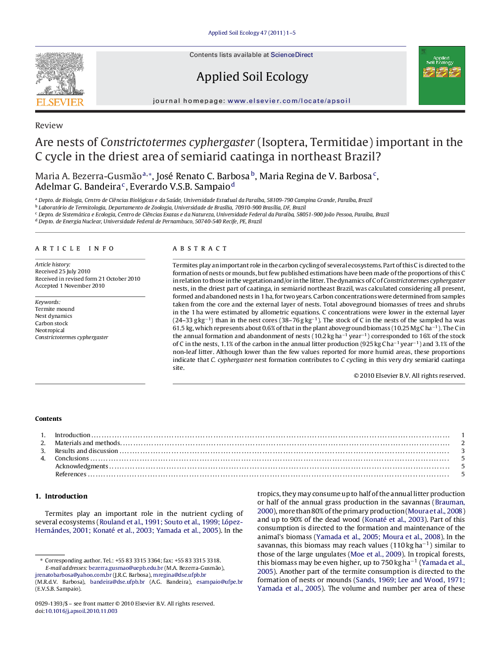 Are nests of Constrictotermes cyphergaster (Isoptera, Termitidae) important in the C cycle in the driest area of semiarid caatinga in northeast Brazil?