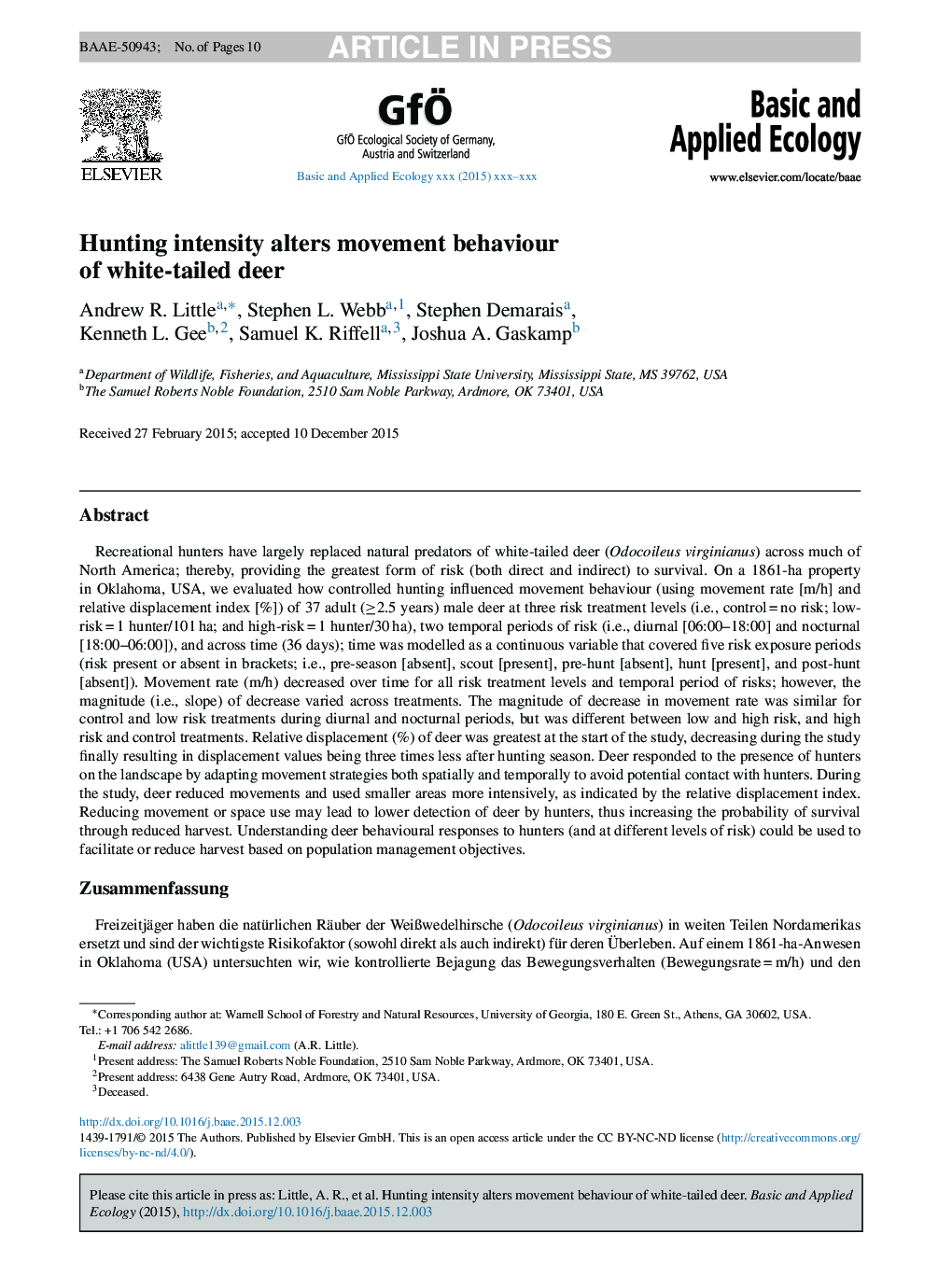 Hunting intensity alters movement behaviour of white-tailed deer