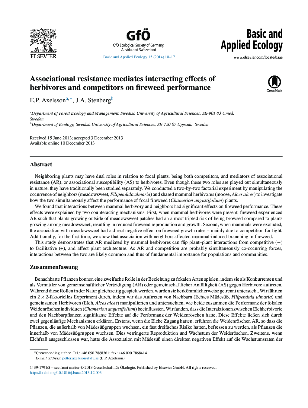 Associational resistance mediates interacting effects of herbivores and competitors on fireweed performance