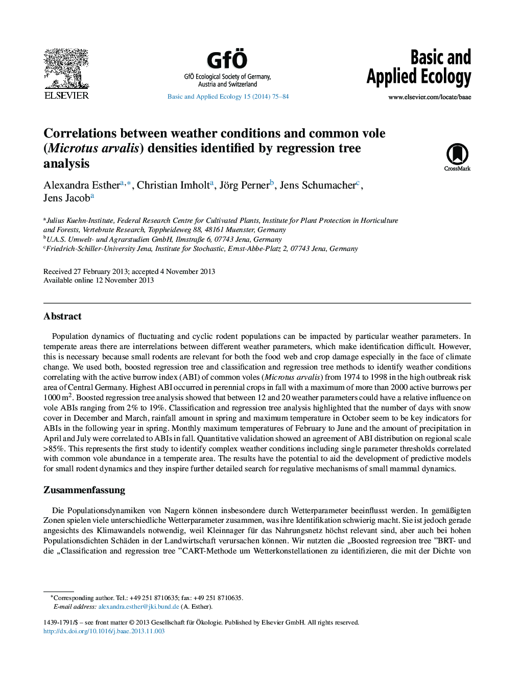 Correlations between weather conditions and common vole (Microtus arvalis) densities identified by regression tree analysis