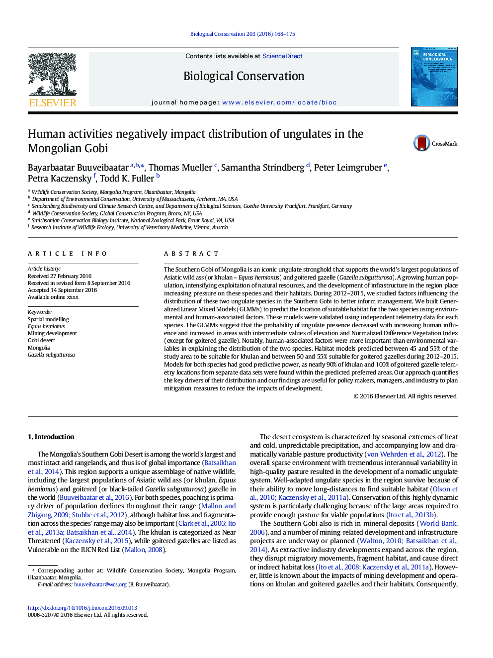 Human activities negatively impact distribution of ungulates in the Mongolian Gobi