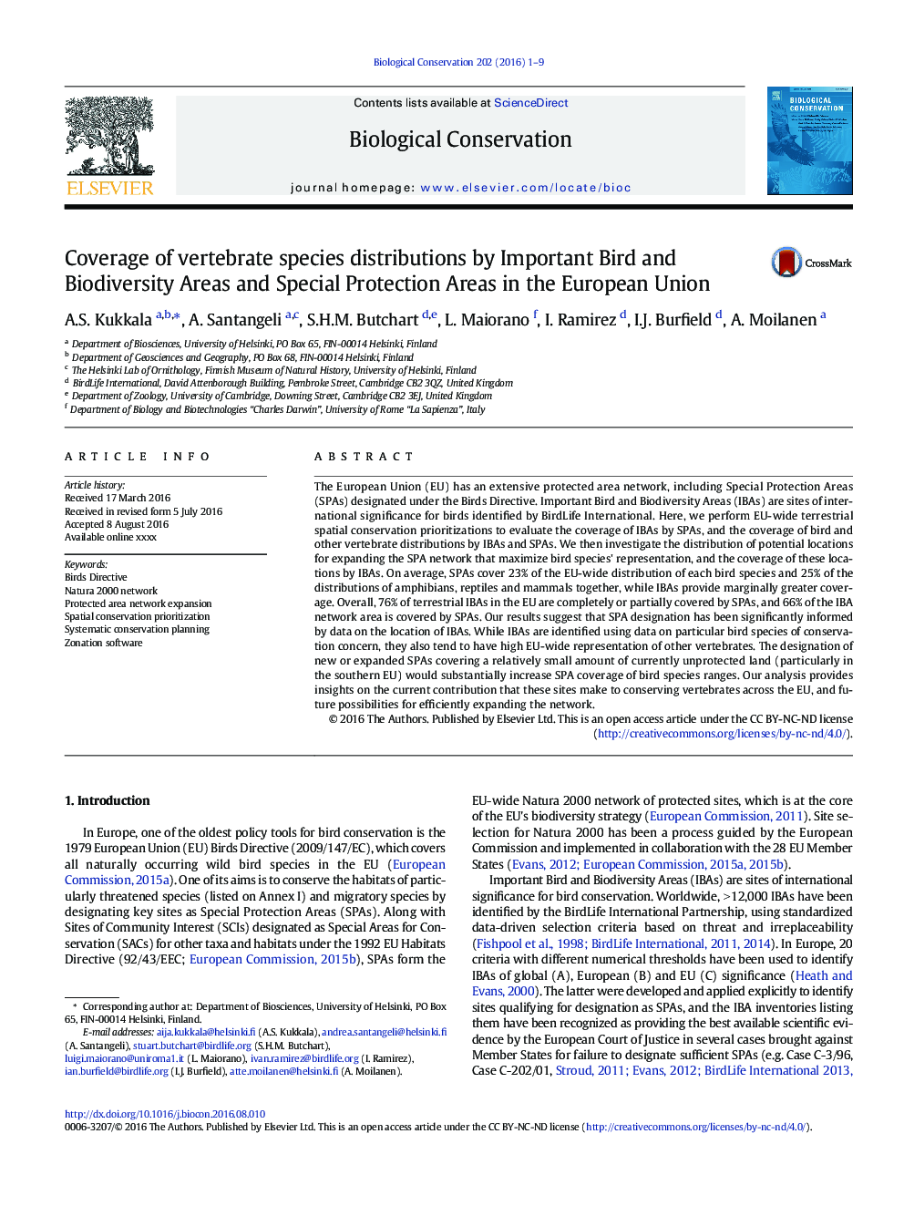 Coverage of vertebrate species distributions by Important Bird and Biodiversity Areas and Special Protection Areas in the European Union