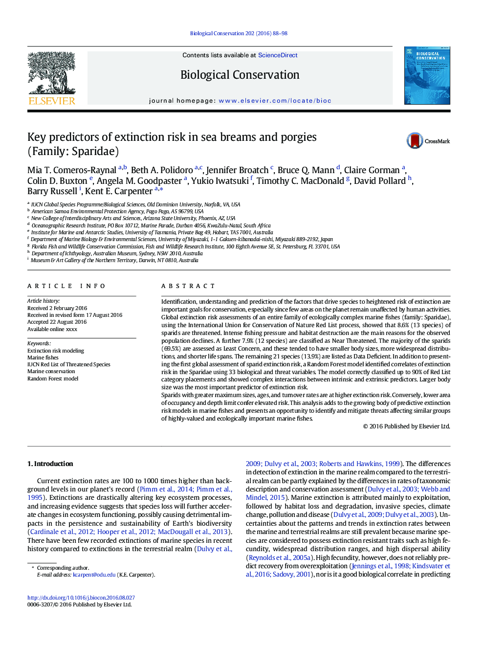 Key predictors of extinction risk in sea breams and porgies (Family: Sparidae)