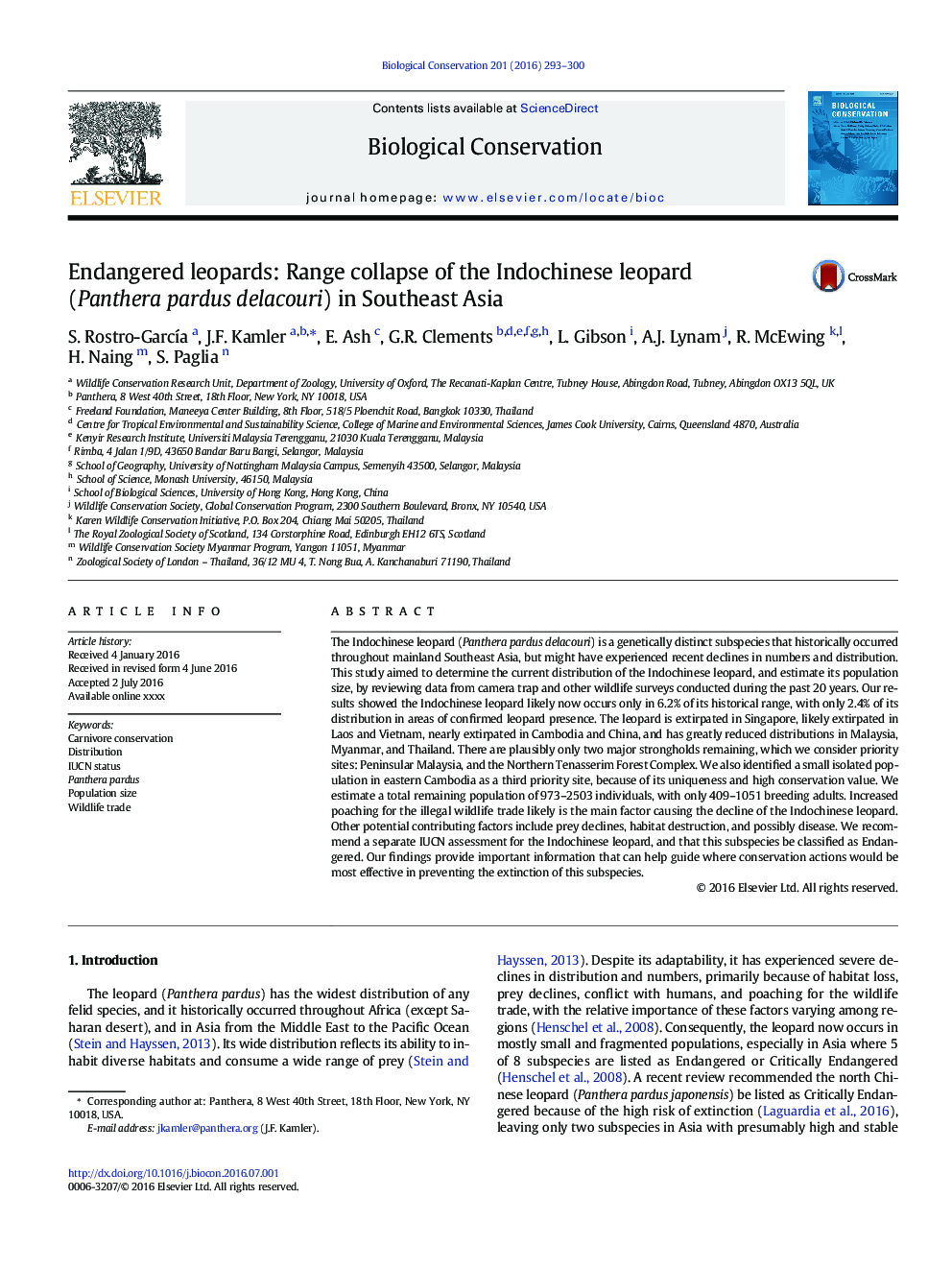 Endangered leopards: Range collapse of the Indochinese leopard (Panthera pardus delacouri) in Southeast Asia