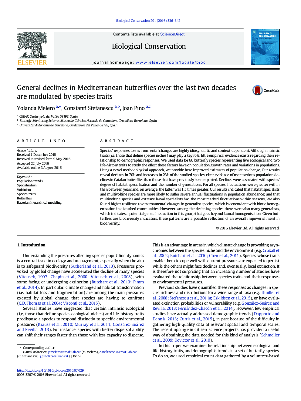 General declines in Mediterranean butterflies over the last two decades are modulated by species traits