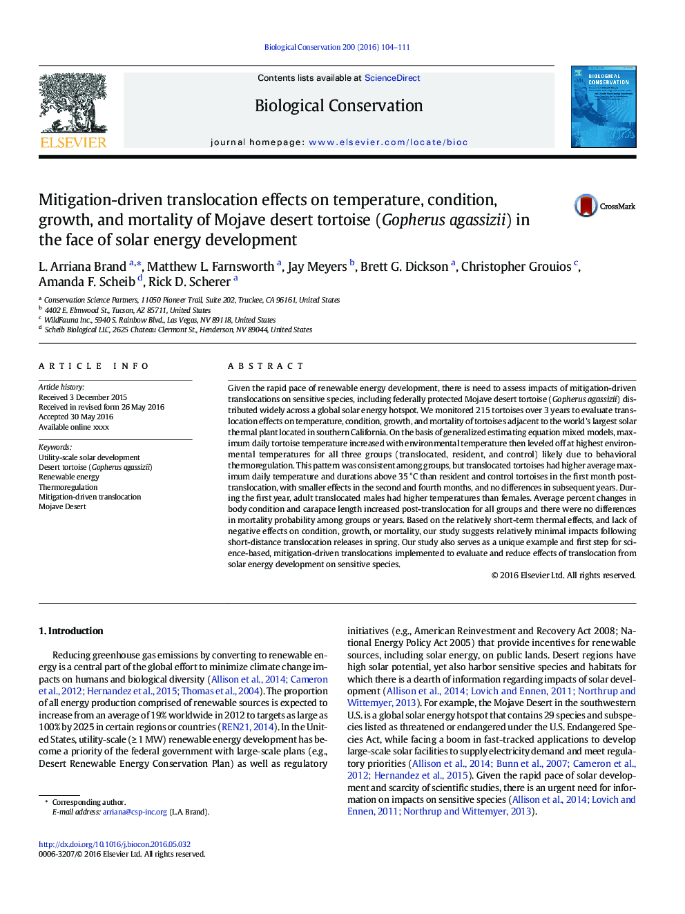 Mitigation-driven translocation effects on temperature, condition, growth, and mortality of Mojave desert tortoise (Gopherus agassizii) in the face of solar energy development