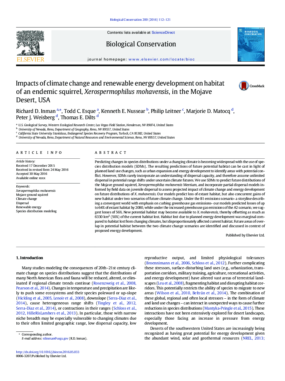 Impacts of climate change and renewable energy development on habitat of an endemic squirrel, Xerospermophilus mohavensis, in the Mojave Desert, USA