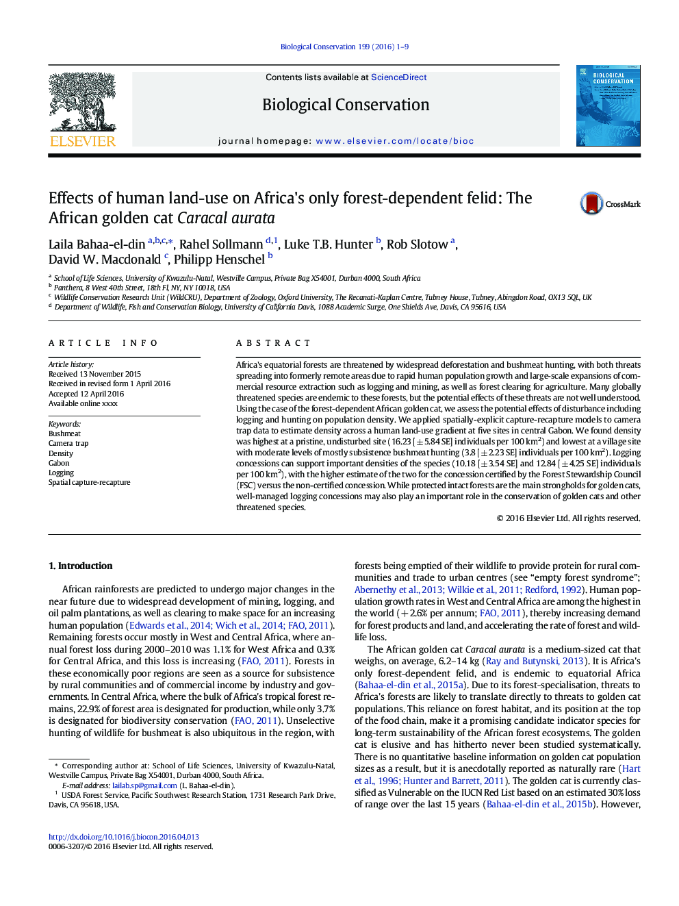 Effects of human land-use on Africa's only forest-dependent felid: The African golden cat Caracal aurata