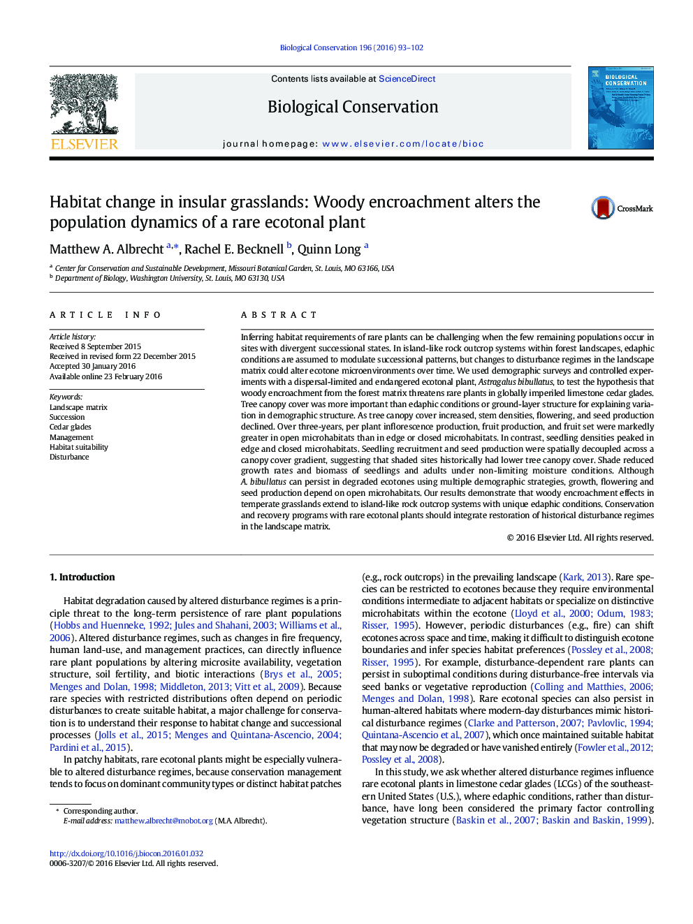 Habitat change in insular grasslands: Woody encroachment alters the population dynamics of a rare ecotonal plant