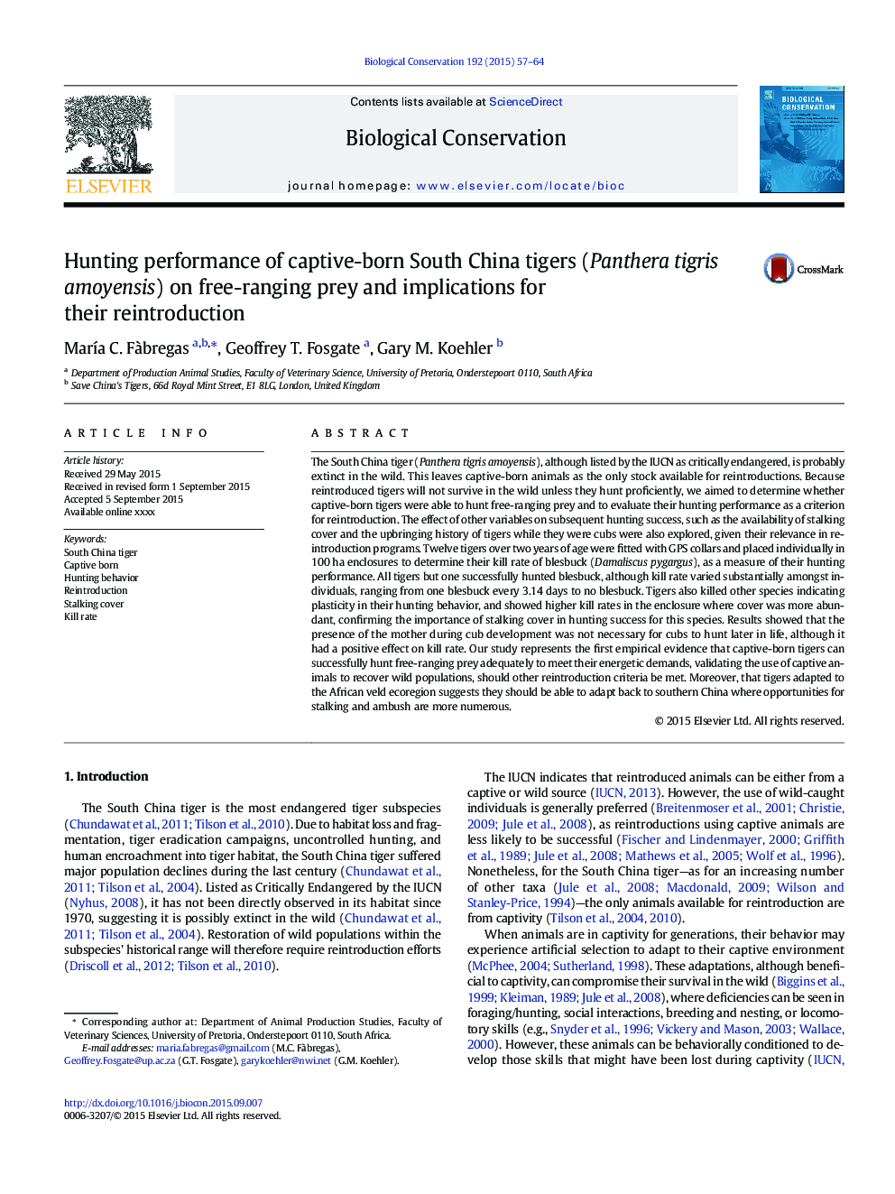 Hunting performance of captive-born South China tigers (Panthera tigris amoyensis) on free-ranging prey and implications for their reintroduction