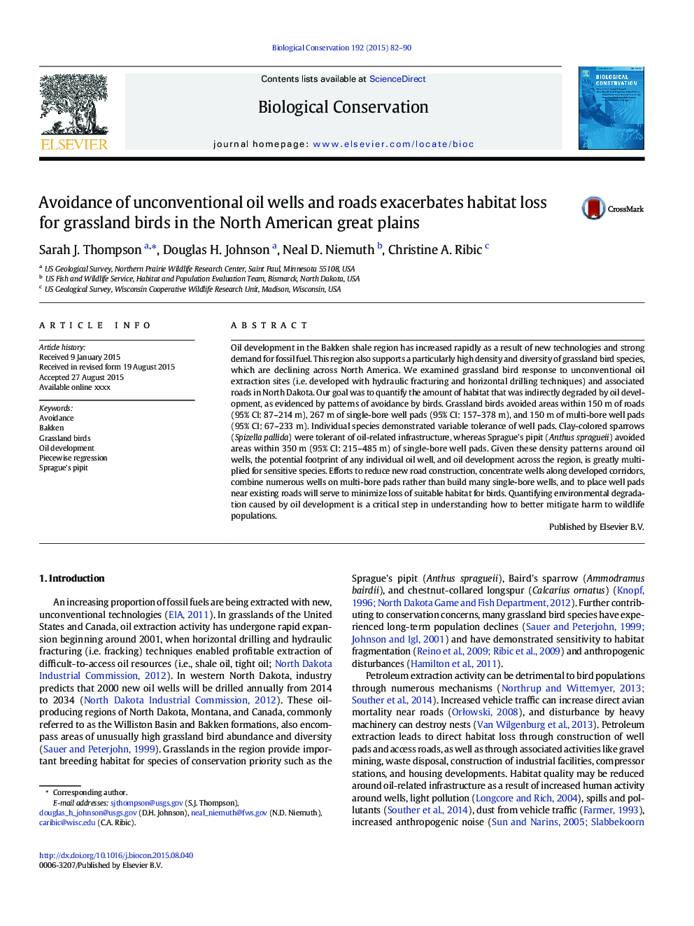 Avoidance of unconventional oil wells and roads exacerbates habitat loss for grassland birds in the North American great plains