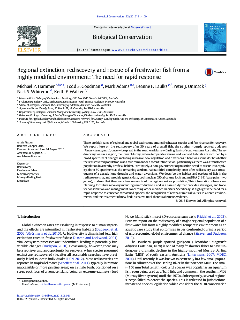 Regional extinction, rediscovery and rescue of a freshwater fish from a highly modified environment: The need for rapid response