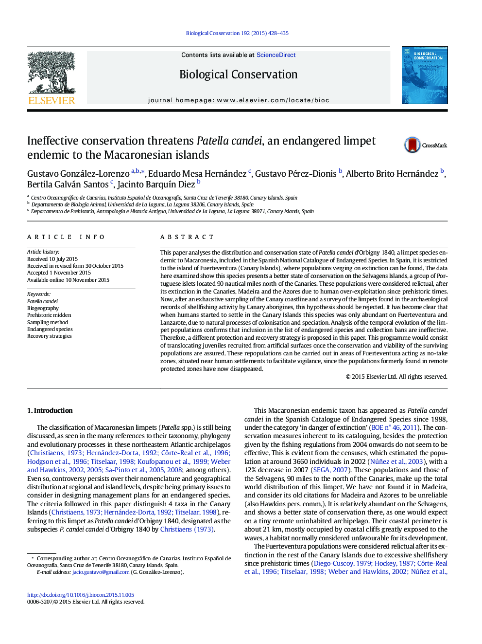 Ineffective conservation threatens Patella candei, an endangered limpet endemic to the Macaronesian islands