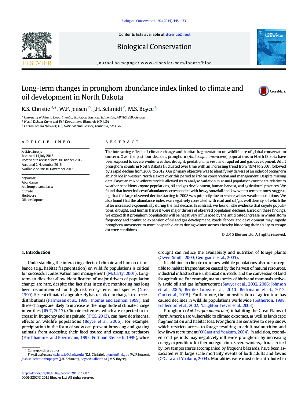 Long-term changes in pronghorn abundance index linked to climate and oil development in North Dakota