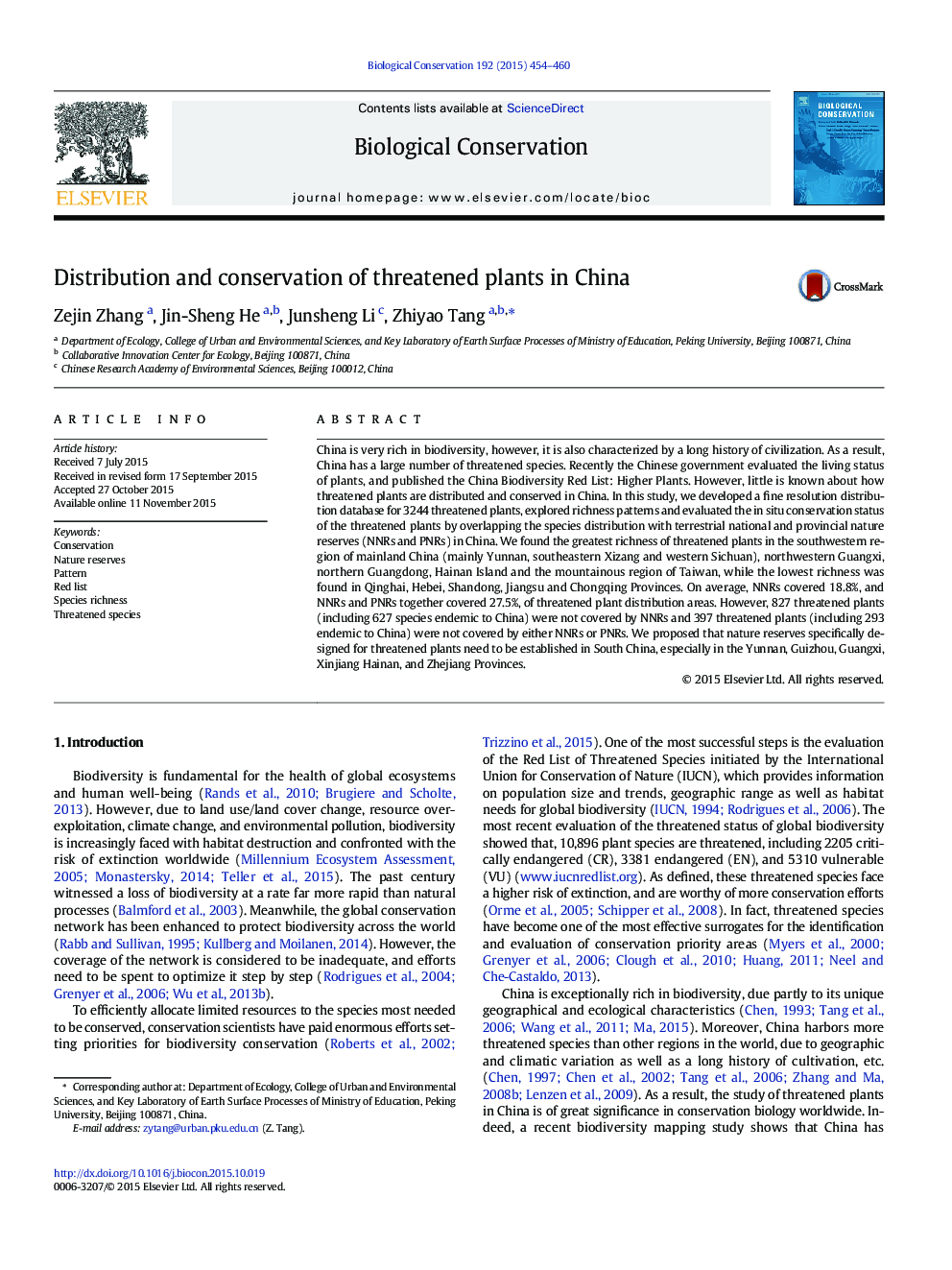 Distribution and conservation of threatened plants in China