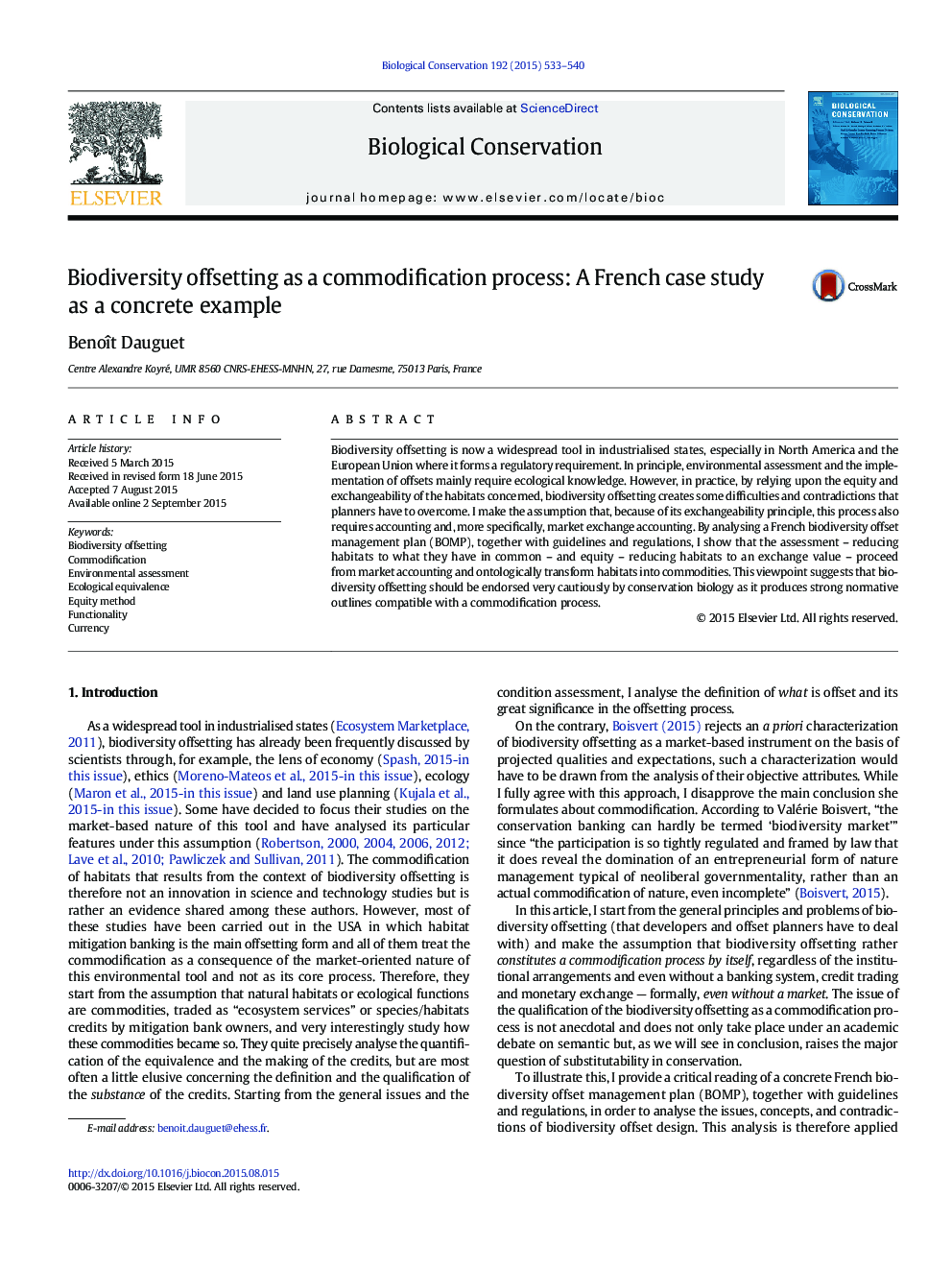 Biodiversity offsetting as a commodification process: A French case study as a concrete example